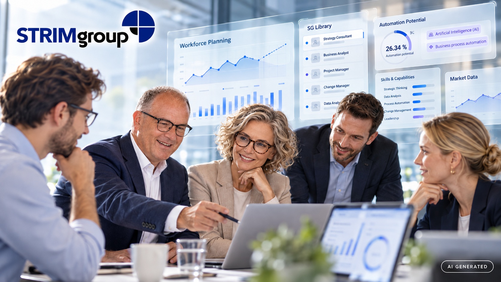 Das Beitragsbild zeigt ein STRIMgroup-Workshop-Szenario zur strategischen Personalplanung. Führungskräfte und Expertinnen diskutieren datenbasierte Workforce-Analysen, Automatisierungspotenziale, Skills und Marktdaten. Die Visualisierung verbindet Beratung, People Analytics und KI-gestützte Entscheidungsgrundlagen in einem modernen Executive-Kontext.