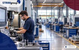 Fachkräftemangel im Mittelstand: Ein Mitarbeiter arbeitet an einer CNC-Maschine, während im Hintergrund zahlreiche Arbeitsplätze unbesetzt sind.