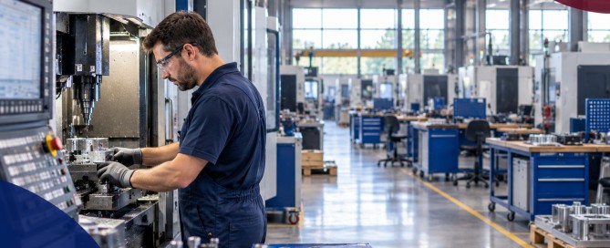 Fachkräftemangel im Mittelstand: Ein Mitarbeiter arbeitet an einer CNC-Maschine, während im Hintergrund zahlreiche Arbeitsplätze unbesetzt sind.